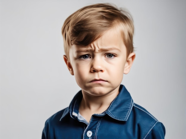 Portrait of young sad offended cries boy child kid on white studio background