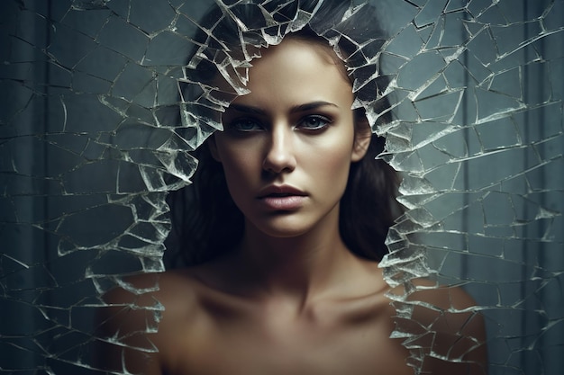 Portrait of a young sad woman against the background of broken glass