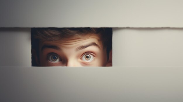 Photo portrait of young scared woman peeking through hole in white paper generative ai