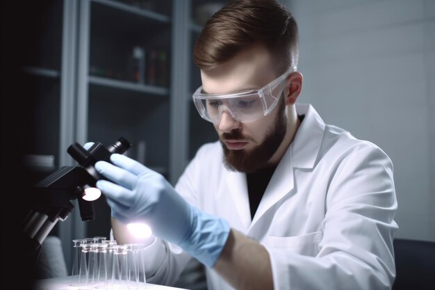 Foto ritratto di un giovane scienziato che lavora con campioni in un laboratorio creato con ia generativa