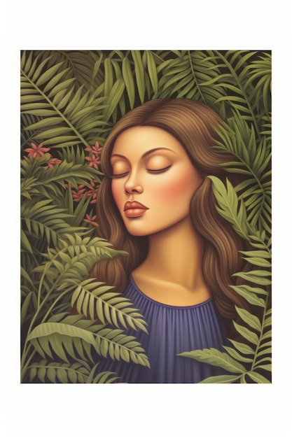 Portrait of a young serene woman with eyes closed and brown hair in front of a lush green background