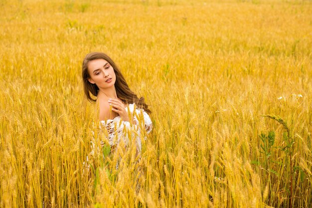 Portrait of a young sexy blonde woman on a background of golden wheat field summer outdoors