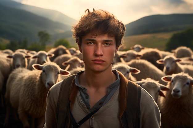 portrait of a young shepherd man with a short hairstyle in peas with a flock of sheep