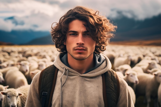 portrait of a young shepherd man with a short hairstyle in peas with a flock of sheep