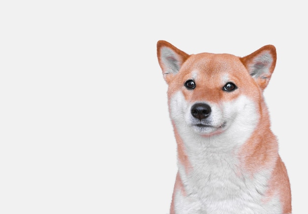 白い背景の上の若い柴犬の肖像画