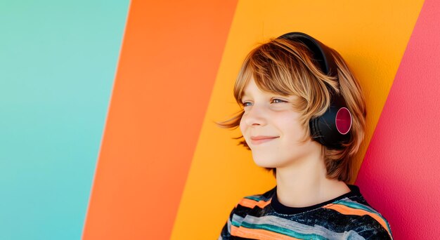 Portrait of young smiling boy listening to music or podcast in headphones on a colored background