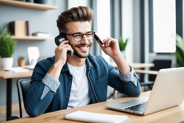 Портрет молодого улыбающегося веселого предпринимателя в офисе, делающего телефонный звонок во время работы с ноутбуком
