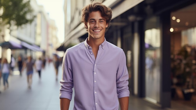 Portrait of young smiling handsome man with solid color cloth Plaza shopping district background