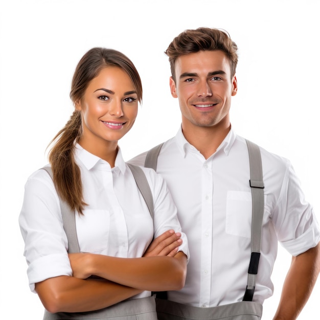 Портрет молодого улыбающегося официанта и красивой официантки в белых рубашках и жилетах, стоящих спиной к спине, счастливо глядя в камеру с сложенными руками на белом фоне
