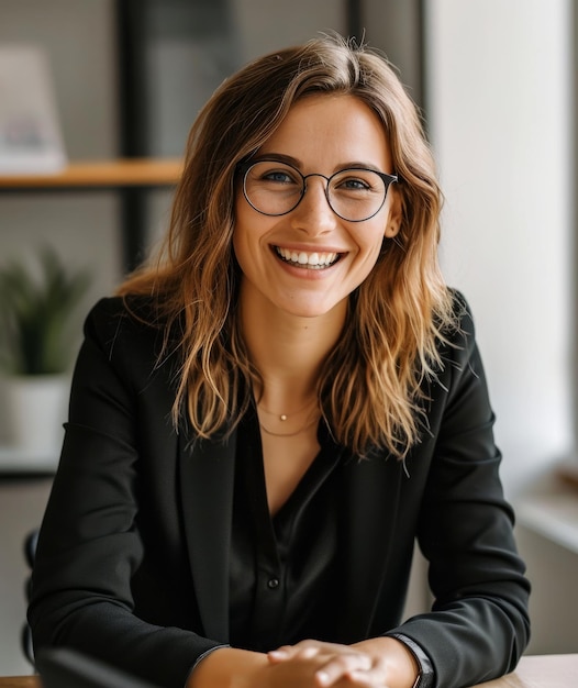 Portrait of young smiling woman looking at camera Successful businesswoman standing in office with copy space