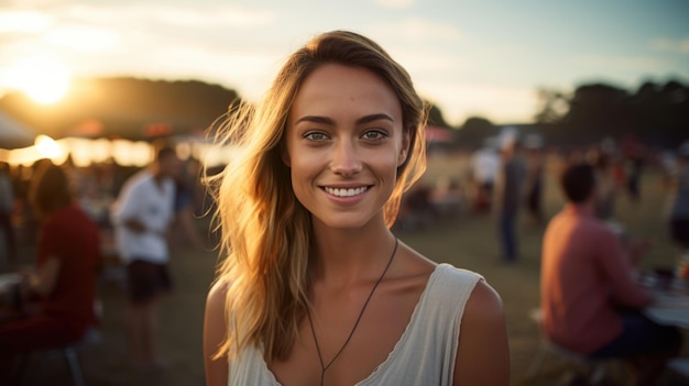 Portrait of young smiling woman during picnic party with her friends