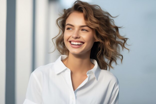Портрет молодой улыбающейся женщины в белой блузке