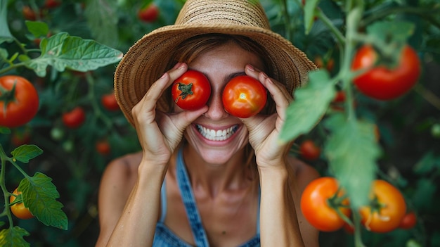 Portrait of a young smiling woman with red tomatoes in the garden