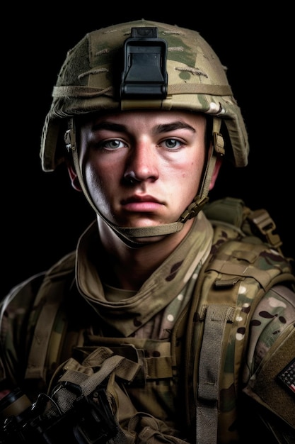 Portrait of a young soldier in combat gear ready to face any danger