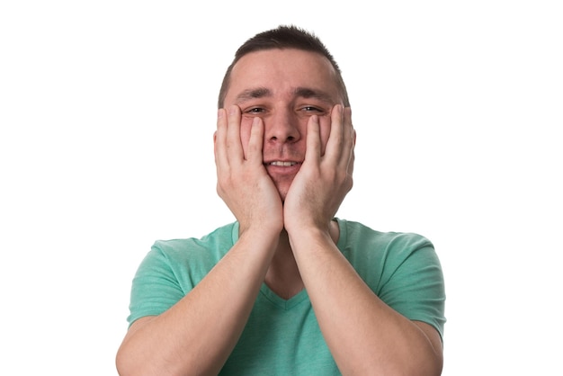 Portrait Of Young Stressed Caucasian Man Covers His Face With Hands Isolated On White Background