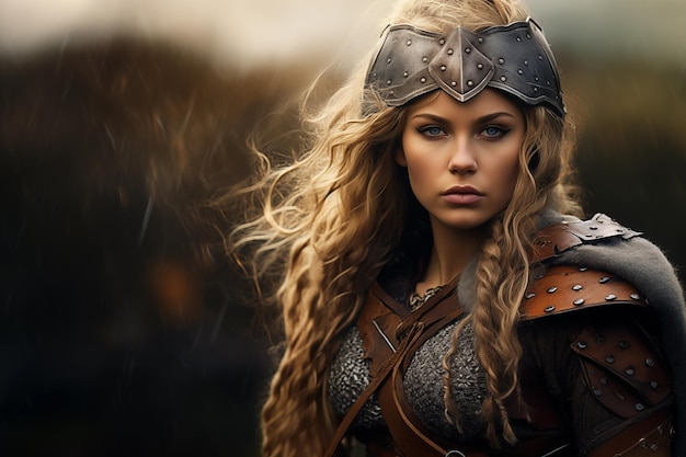 Photo portrait of young strong viking woman warrior generative ai