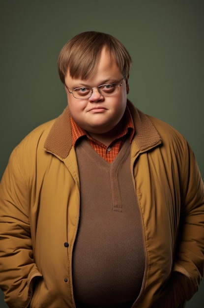 Portrait of a young student boy with down syndrome in daily clothes