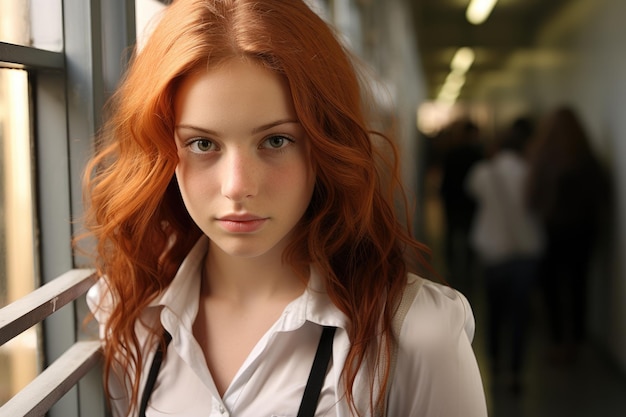 Portrait of young student girl with red hair on blured school or college background