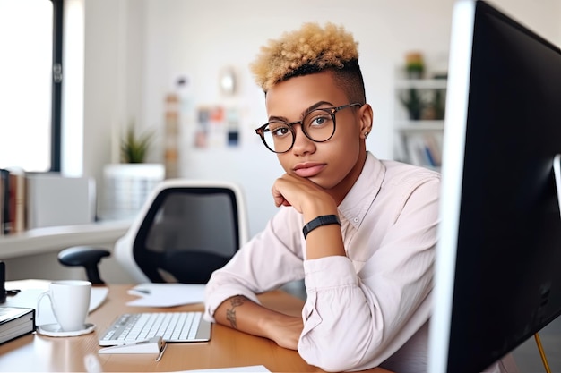 Portrait of Young Stylish NonBinary Person Working on Desktop Computer at night