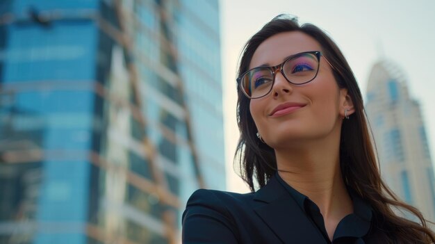 Portrait of young successful businesswoman in suit with skyscraper background