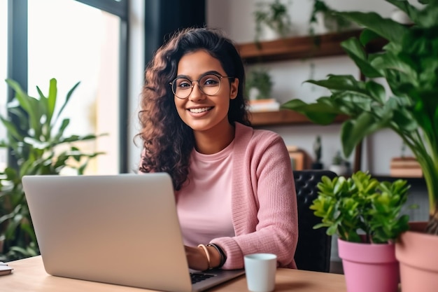 Portrait of Young Successful Caucasian Businesswoman Sitting at Desk Working on Laptop Computer in C