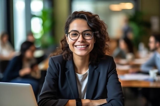 Portrait of Young Successful Caucasian Businesswoman Sitting at Desk Working on Laptop Computer in C