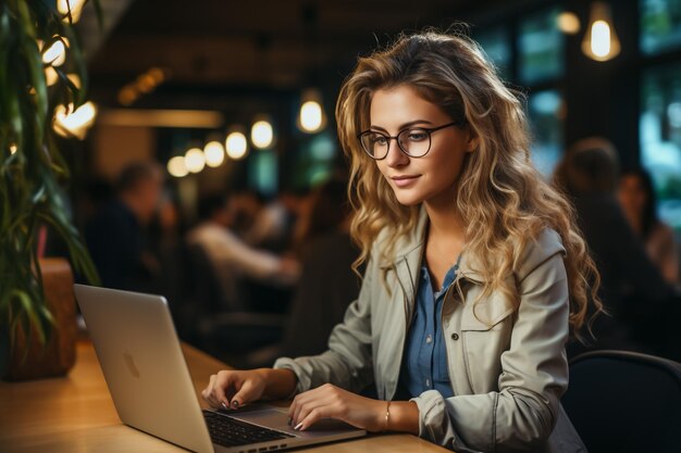 Portrait of Young Successful Caucasian Businesswoman Sitting at Desk Working on Laptop Computer in C