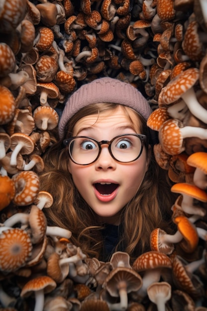 Portrait of a young surprised girl wearing black glasses among mushrooms