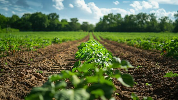 Portrait of a young sweet potato field in morning daylight with a big space for text or products Generative AI