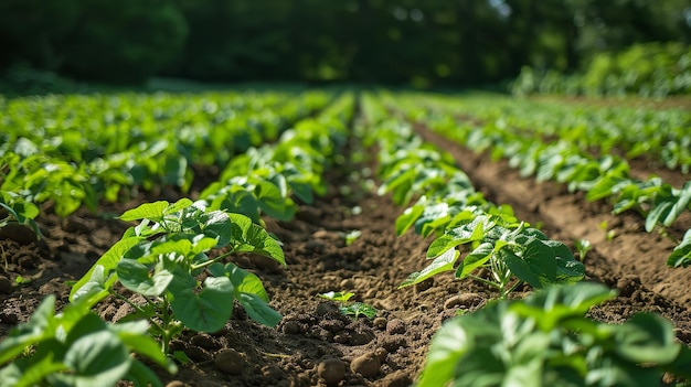 Portrait of a young sweet potato field in morning daylight with a big space for text or products Generative AI