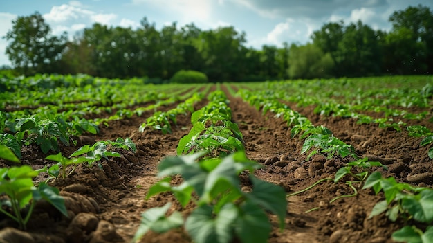 Portrait of a young sweet potato field in morning daylight with a big space for text or products Generative AI