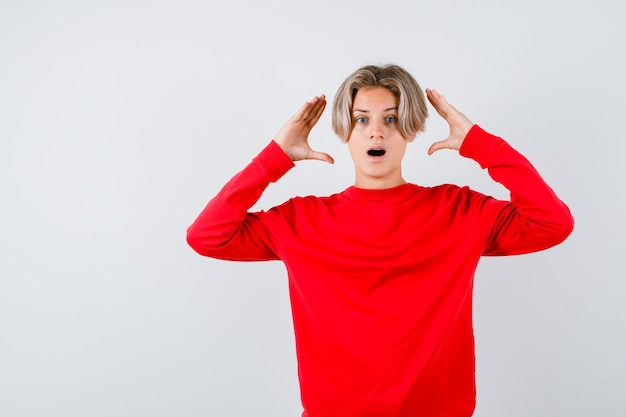 Portrait of young teen boy keeping hands near head in red sweater and looking anxious front view