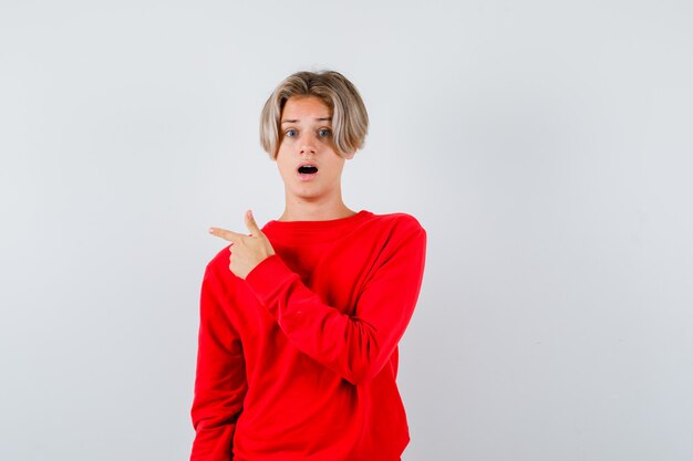 Portrait of young teen boy pointing left in red sweater and looking surprised front view