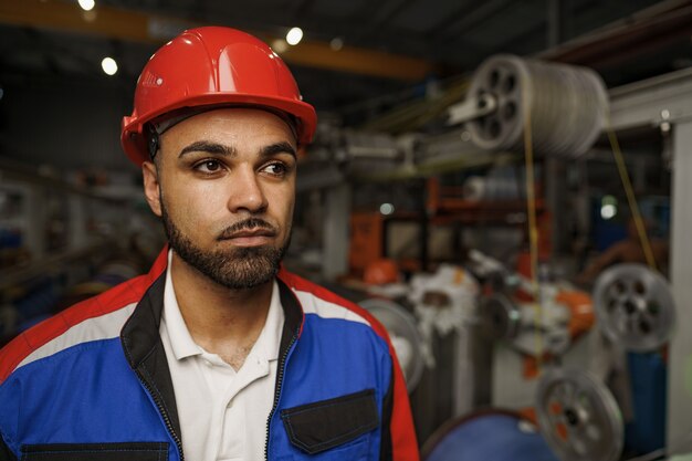 Portrait of young tired african american workman in cable production plant