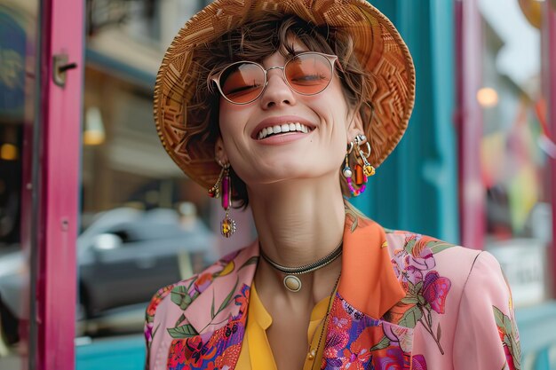 Portrait of young trendy woman smiling outdoors Pride month Generative AI