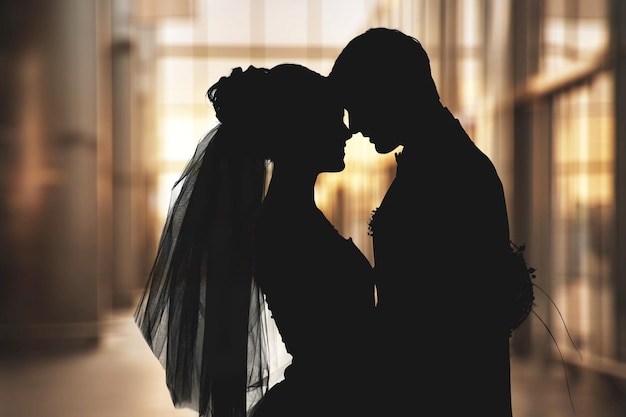 Portrait of young wedding couple embracing