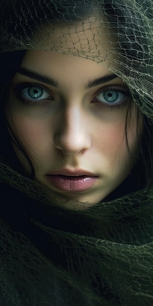 Portrait of a young white woman with green eyes and a veil covering part of her face Image generated with AI