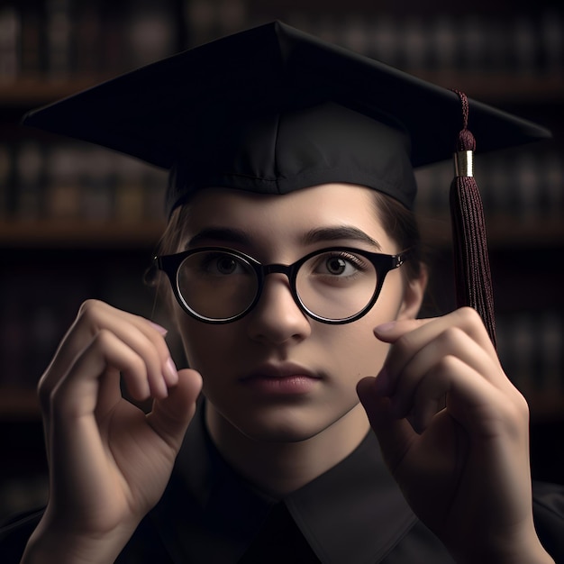 Portrait of young woman in academic cap and glasses education concept