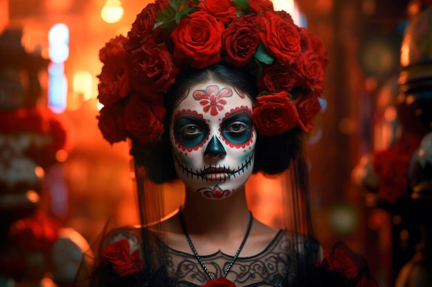 Portrait of young woman as la Catrina with bright art painted makeup and floral decorations on head Traditional celebration of mexican holiday prepared for festival La Muerte generated AI