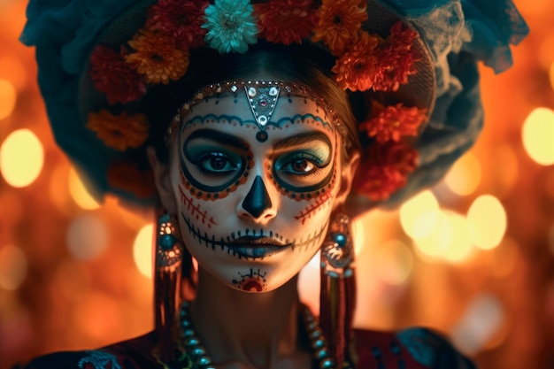 Portrait of young woman as la catrina with bright art painted makeup and floral decorations on head traditional celebration of mexican holiday prepared for festival la muerte generated ai