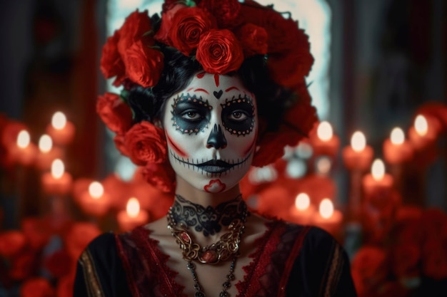 Портрет молодой женщины в образе Катрины с ярким художественным макияжем и цветочными украшениями на голове Традиционное празднование мексиканского праздника, подготовленное к фестивалю La Muerte, созданное AI