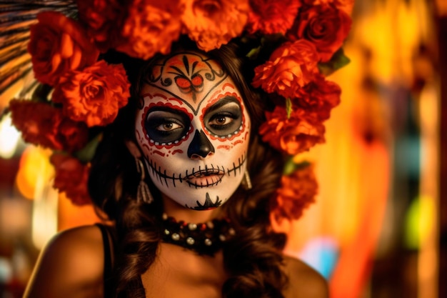 Portrait of young woman as la Catrina with bright art painted makeup and floral decorations on head Traditional celebration of mexican holiday prepared for festival La Muerte generated AI