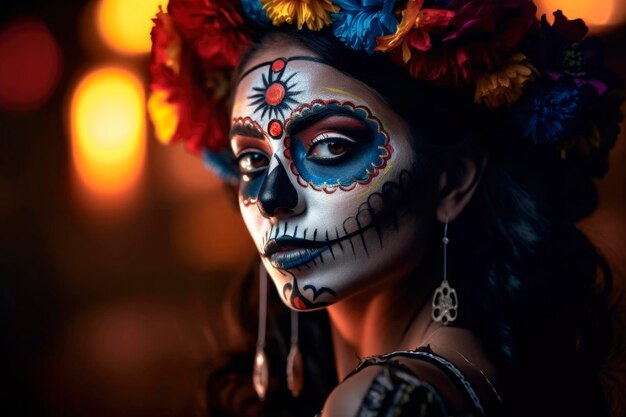 Portrait of young woman as la catrina with bright art painted makeup and floral decorations on head traditional celebration of mexican holiday prepared for festival la muerte generated ai