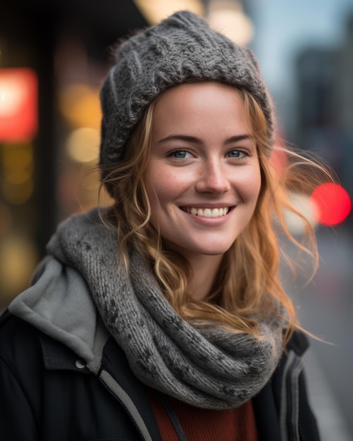 portrait of a young woman in a beanie and scarf on a city street