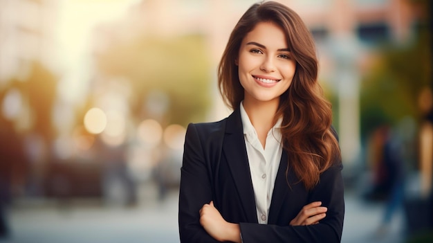 Portrait of a young woman in a business suit standing on the street in the city business concept Generative AI illustrator