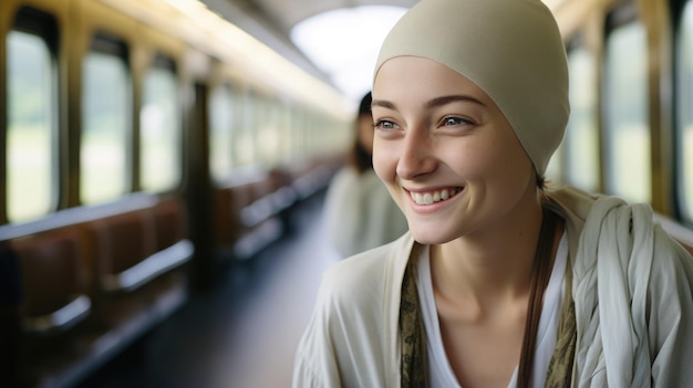Portrait of a young woman cancer patient smiling while on a train ride high quality photo