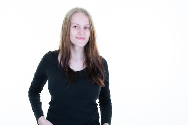 Portrait of young woman casual portrait smile beautiful model posing in studio over white background