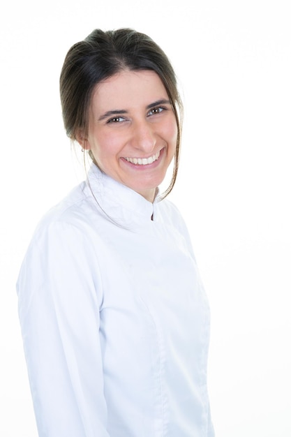 Portrait of young woman chef restaurant on white background