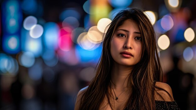 Portrait of a young woman in a cityscape