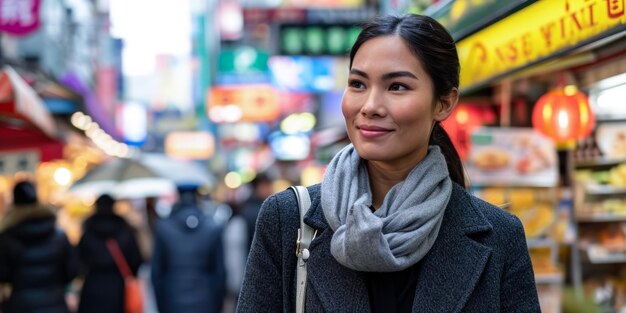 Photo portrait of a young woman in a cityscape